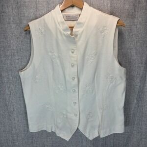 Karen Scott Vest Women White Floral Embroidery L Button Down Boho Cottagecore